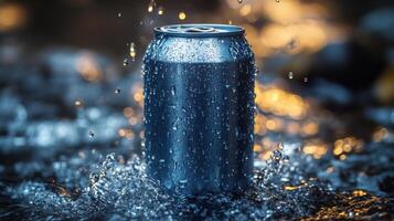 A cold beverage can stands upright in a shallow pool of water, droplets splashing around it as sunlight filters through trees at dusk, creating a serene atmosphere. photo