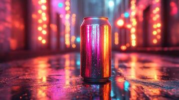 A metallic can stands upright on glistening pavement, surrounded by glowing lights that reflect vibrant colors. The atmosphere is livelily illuminated in a bustling urban environment. photo