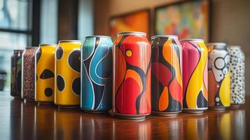 A collection of vibrant beverage cans featuring unique artistic designs is arranged neatly on a wooden table. The setting is contemporary, showcasing various colors and patterns. photo