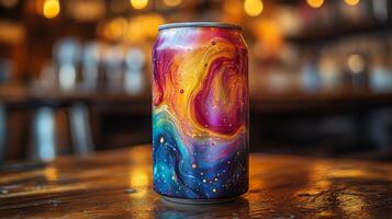A vibrant beverage can with a swirling cosmic design stands prominently on a wooden table. The warm glow of cafe lights creates a cozy ambiance in the background, enhancing the artistic display. photo