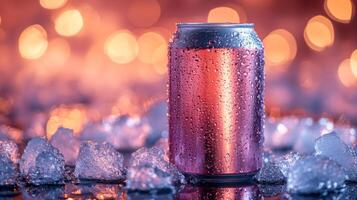 A chilled beverage can glistens with condensation, set against a vibrant, blurred background illuminated by warm tones. Crushed ice adds to the refreshing atmosphere. photo