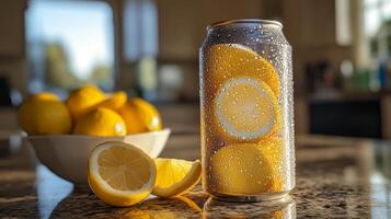 A sparkling beverage can filled with lemon slices sits on a granite countertop, surrounded by fresh lemons in a bowl and sunlight pouring through the window. photo