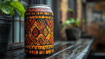 A vibrant can adorned with detailed patterns rests on a weathered wooden surface. Surrounding greenery adds a touch of life to the cozy urban atmosphere, suggesting a creative space. photo