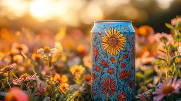 A colorful can adorned with flowers is positioned in a meadow filled with various blooming wildflowers under a warm sunset sky. The scene captures natural beauty and tranquility. photo