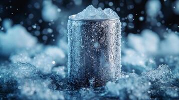 A cold beverage can sits amid ice and water droplets, capturing the essence of a refreshing drink. The atmosphere conveys a cool environment ideal for relaxation. photo