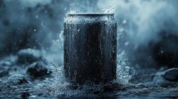 A can stands in a shallow stream, surrounded by splashing water. The metal surface reflects the light as the cool water flows around it, creating a striking visual contrast. photo