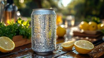 A chilled drink can covered in condensation stands prominently on a sunlit table. Nearby, sliced lemons and fresh herbs add to the vibrant outdoor atmosphere, creating a refreshing scene. photo