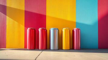 Metal cans of various colors lean against a bright mural with vertical stripes, casting long shadows as the sun sets in an urban area, creating a lively atmosphere. photo