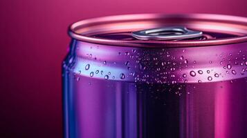 A close-up view of a chilled beverage can displaying vibrant colors and glistening droplets of water on its surface. The background enhances its refreshing appeal. photo