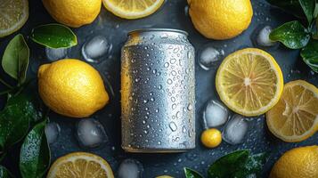 A chilled drink can is surrounded by vibrant lemons, sliced lemon halves, and ice cubes. The droplets on the can suggest a refreshing sensation, ideal for summer enjoyment. photo