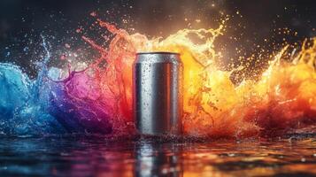 A silver soda can stands prominently against a backdrop of vivid splashes in shades of blue and orange, creating a lively atmosphere. The water reflects the colors vividly. photo