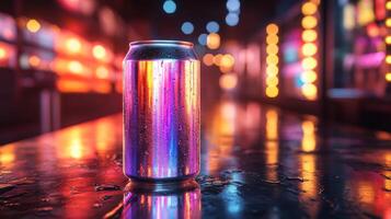 A colorful can of drink placed on a wet table reflects vivid lights from the bar's interior. The warm ambiance enhances the visual appeal during night time. photo