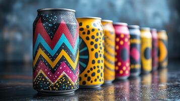 A collection of distinctly designed beverage cans stands in a row against a muted background. Each can features bold patterns and colors, creating a lively visual display. photo