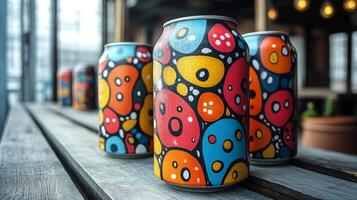 A collection of uniquely designed cans with abstract patterns in bright colors is arranged on a wooden table. The backdrop shows a modern interior. photo