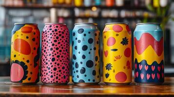 Various uniquely designed craft beer cans stand on a wooden table in a brewery. Bright patterns and colors create an eye-catching display, showcasing creativity in beverage packaging. photo