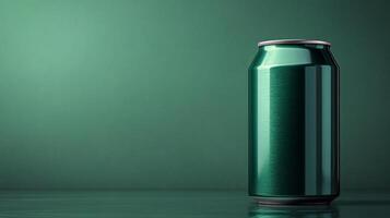 A sleek green can stands upright on a reflective surface, surrounded by a solid green background. The lighting highlights the can's metallic sheen, creating a modern, minimalist look. photo