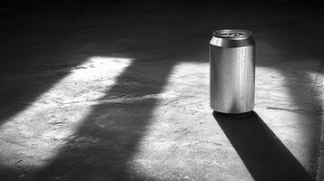 A reflective aluminum can stands alone on a textured surface. Shadows form artistic patterns in low light, creating a striking visual contrast. The atmosphere is calm and minimalist. photo