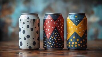 Three uniquely designed beverage cans showcasing vibrant colors and patterns rest on a rustic wooden table, surrounded by an abstract wall decor. photo