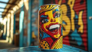 A soda can features bold, pop-art style graphics showcasing a smiling character. The can is placed on a blue table with a colorful mural backdrop in an urban setting. photo