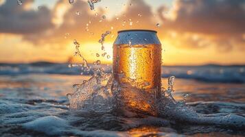 A cold can of beverage stands in the water, creating splashes as waves crash nearby. The sun sets on the horizon, casting a warm glow over the scene, evoking a summer vibe. photo
