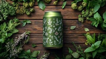 A green beer can adorned with delicate botanical patterns sits atop a rustic wooden table. Various fresh herbs and greens encircle the can, enhancing the natural atmosphere. photo