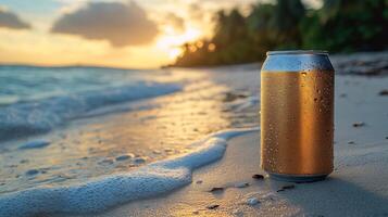 A cold beverage can rests on the sandy beach as waves gently lap at its base. The sun sets in the background, casting a warm glow over the tranquil scene and surrounding palm trees. photo