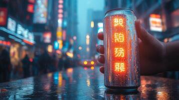 A hand holds a wet beverage can featuring bright neon characters. Rain-soaked streets reflect colorful lights from bustling city life at night, creating a lively atmosphere. photo