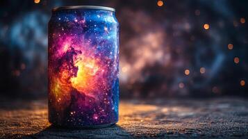 A beverage can featuring a vibrant cosmic design with swirling colors stands on a textured surface. The background is filled with glowing light effects, creating a captivating atmosphere. photo