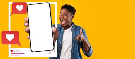 A cheerful influencer holds a smartphone with a blank screen, expressing excitement and engagement with social media. Colorful chat bubbles and hearts illustrate online interaction. photo
