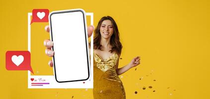 An influencer smiles while holding a smartphone displaying a blank screen. The vivid background and graphic elements convey a lively atmosphere, emphasizing social media engagement and connectivity. photo