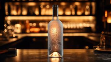 A frosted glass bottle stands on a sleek bar counter illuminated by warm light. The background reveals blurred silhouettes of shelves filled with spirits, creating an inviting atmosphere. photo