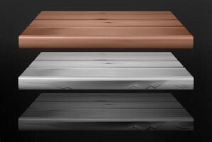 Rustic Wooden Shelves Mockup.Three wooden planks in different colors with a top view perspective. Collection of 3d isolated white, black, brown empty wooden shelf for exhibit on dark background vector