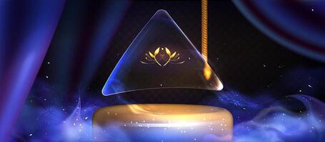 3d gold pattern. Transparent matt triangular glass fluid from on the background with award podium with blue silk draperies for interior decoration. Blue Smoke background with neon particles vector
