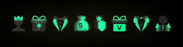 Glassmorphism green VIP icons. Symbols of achievement, rewards, and financial success. Realistic glassmorphism UI icons set .Collection of glassmorphism gradient elements for your design vector