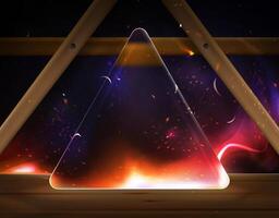 Transparent matt triangular glass plate on the background fier wooden structure . Wooden background with table top with space for text. Illuminated Glass Triangle vector