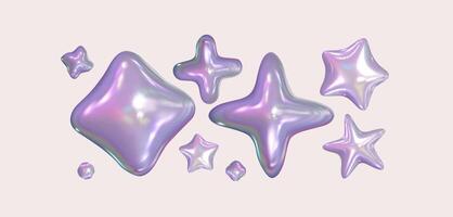 3d chrome set holographic stars . Isolated silver abstract elements in y2k style and 90s design. Pearl fluid shapes. Iridescent purple stars and shapes on a pastel background vector