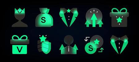 Glassmorphism Blurry green VIP icons. Symbols of achievement, rewards, and financial success. Realistic glassmorphism UI icons set. Game Rewards and Status Icons on the black background . vector