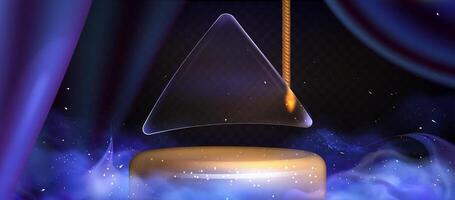3d gold award. Transparent matt triangular glass fluid from on the background with podium with luxurious blue silk draperies for interior decoration. Blue Smoke background with neon particles vector