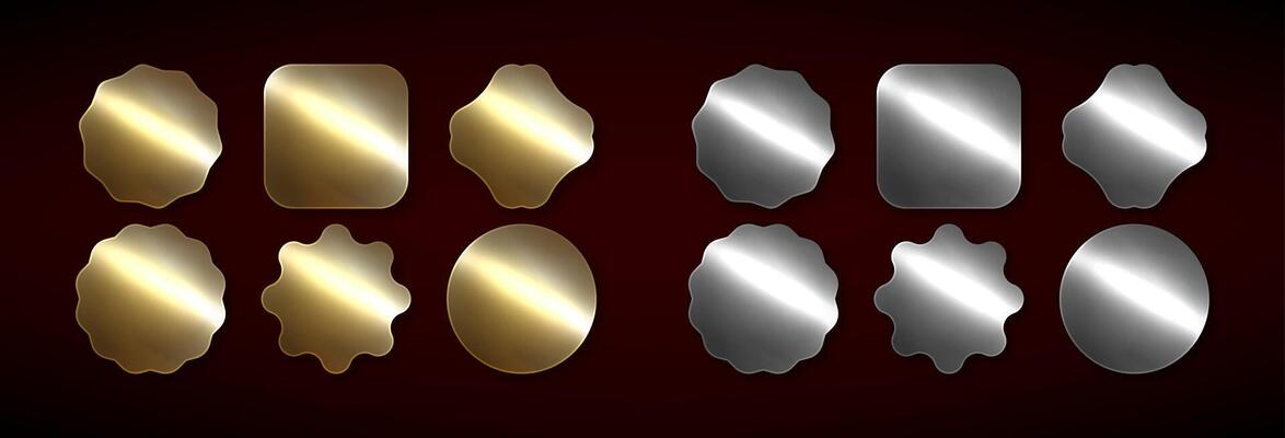 Series of silver and gold stickers on a red- dark background. Metal Labels and Badges
