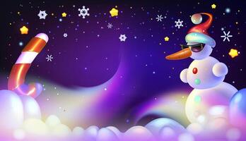 Merry Christmas and Happy New Year card with space for your congratulations. Cool Snowman with Candy Cane, Stars, and Snowflakes in a Winter Night Scene vector