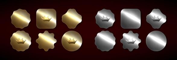Gold and Silver Crown Buttons with Various Shapes Series of silver and gold stickers on a red- dark background. Metal Labels and Badges wicth crown vector