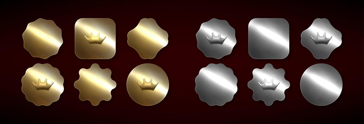 Gold and Silver Crown Buttons with Various Shapes Series of silver and gold stickers on a red- dark background. Metal Labels and Badges wicth crown
