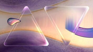 Transparent triangular glass plates on the background of multicolored noise dots. Glass abstract liquid 3d holographics. Effect of falling grains of sand in an hourglass. vector