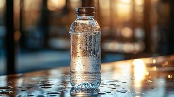 A clear water bottle filled with refreshing water stands on a polished surface dotted with droplets, illuminated by the warm glow of the setting sun in an outdoor area. photo