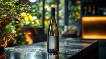 A wine bottle stands prominently on a polished bar counter, illuminated by soft lighting. Lush green plants frame the background, enhancing the serene atmosphere. photo