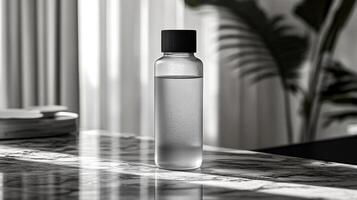 A transparent water bottle sits on a polished marble table, reflecting the soft sunlight that streams through sheer curtains. The calming ambiance enhances the modern aesthetic of the room. photo