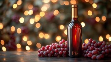A sleek wine bottle stands prominently next to a cluster of fresh grapes. Soft twinkling lights create a warm and inviting atmosphere, perfect for an evening gathering with friends. photo