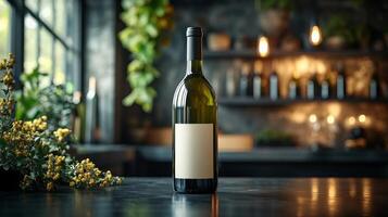A wine bottle stands prominently on a dark surface in a stylish kitchen. Natural light filters through a large window, creating a warm atmosphere enhanced by green plants and ambient lighting. photo