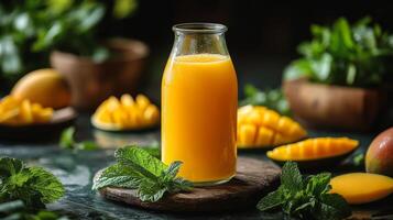 A glass of freshly prepared mango juice stands on a wooden board. The vibrant orange drink is surrounded by slices of ripe mango and sprigs of fresh mint, creating a refreshing and tropical setting. photo