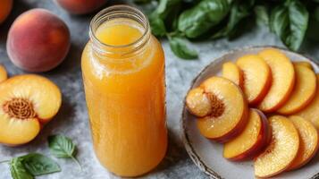 A glass bottle filled with vibrant peach juice sits on a grey countertop. Sliced fresh peaches are arranged on a plate nearby, showcasing their juicy texture and color. photo